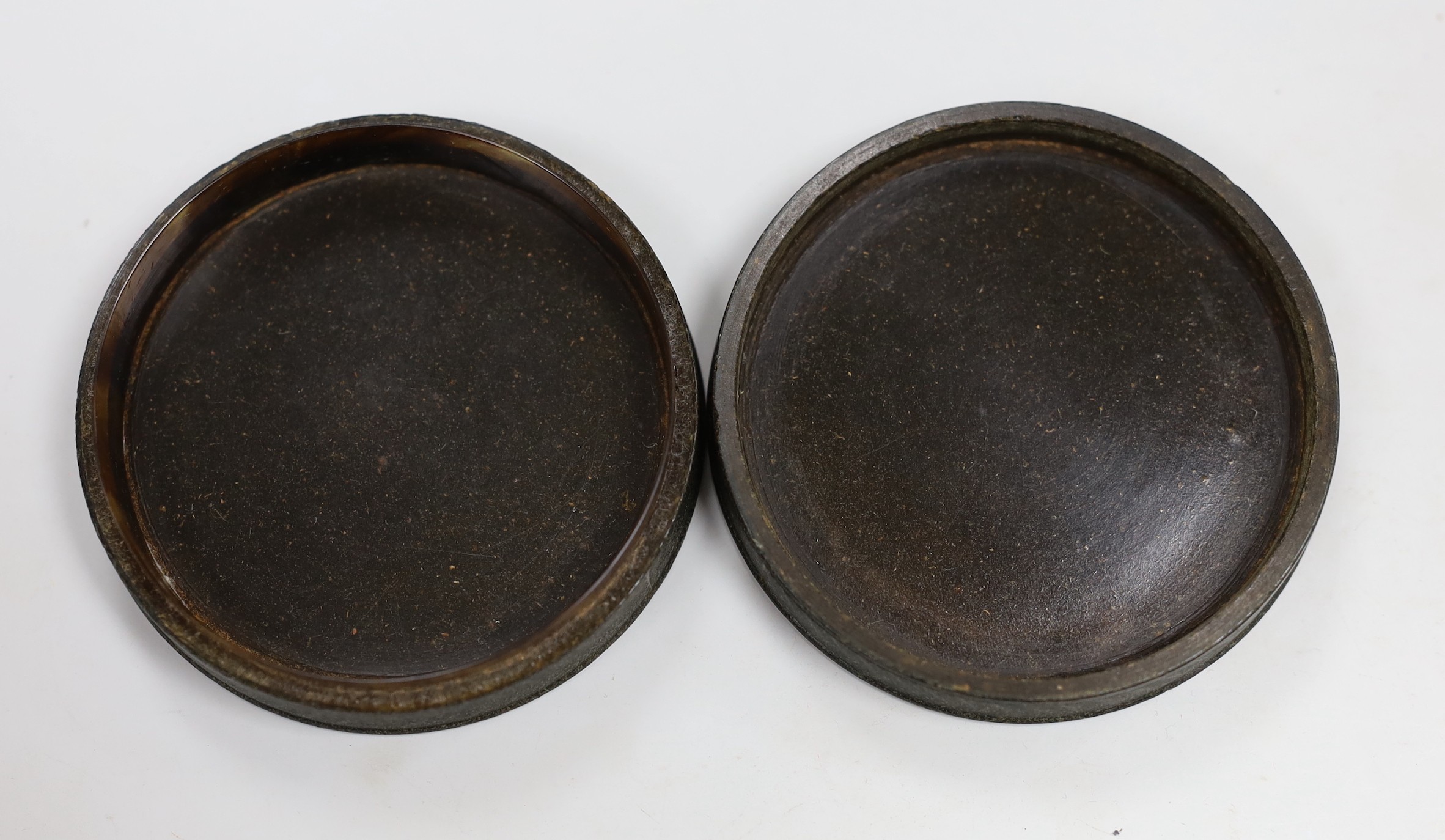 An 18th century tortoiseshell circular box and cover, 8cm diameter